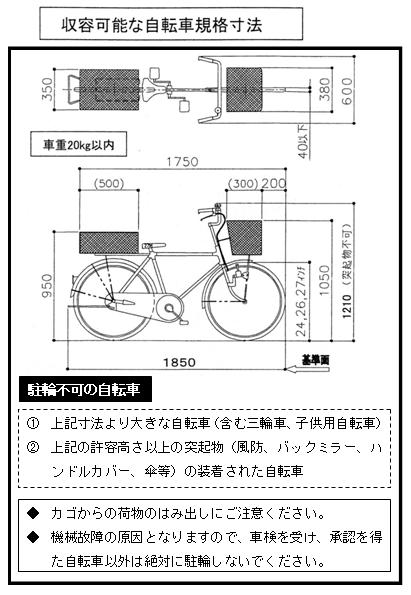茗荷谷中央第二駐輪場収容可能自転車規格寸法図